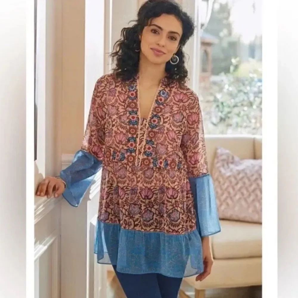 Soft Surroundings Pergola Blue Pink Floral Embroidered Sparkle Peasant Blouse